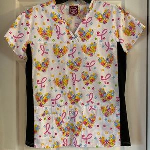 Breast cancer pattern scrub top